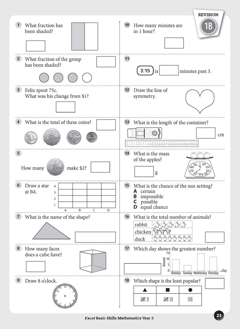 Sample inside page preview from the Excel Basic Skills Mathematics Year 3 workbook as shown in the publisher gallery