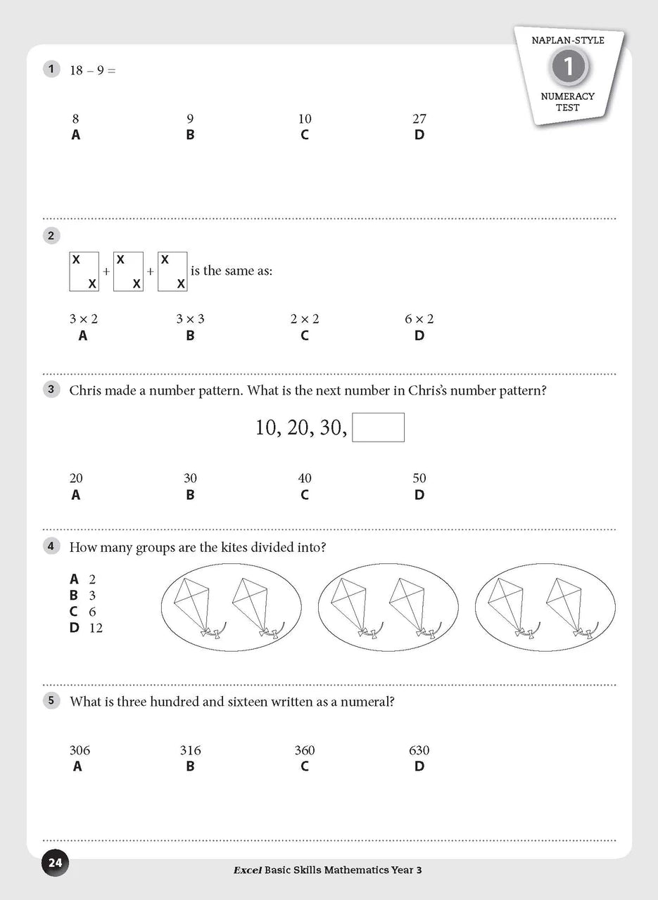 Sample inside page preview from the Excel Basic Skills Mathematics Year 3 workbook as shown in the publisher gallery
