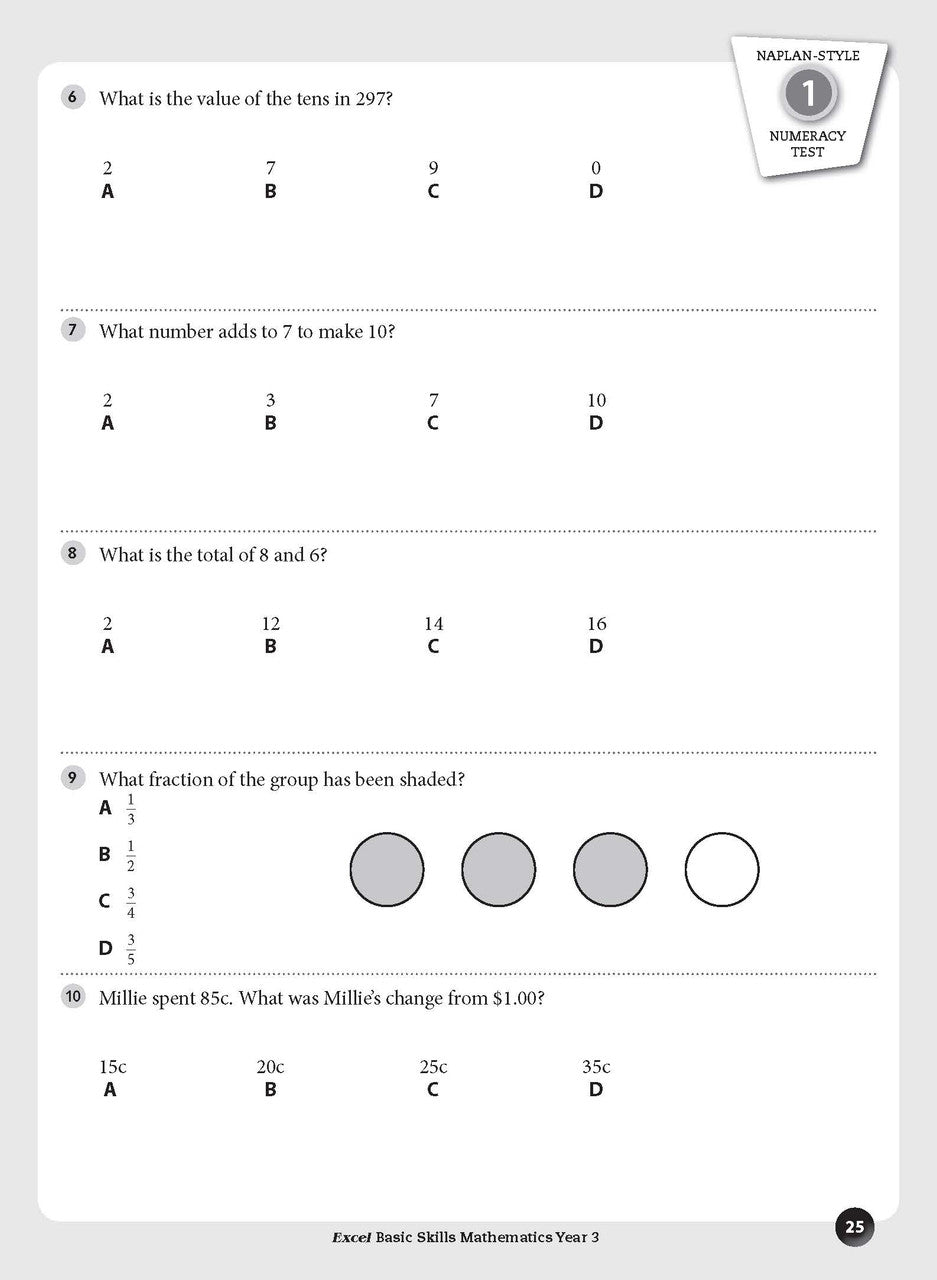 Sample inside page preview from the Excel Basic Skills Mathematics Year 3 workbook as shown in the publisher gallery