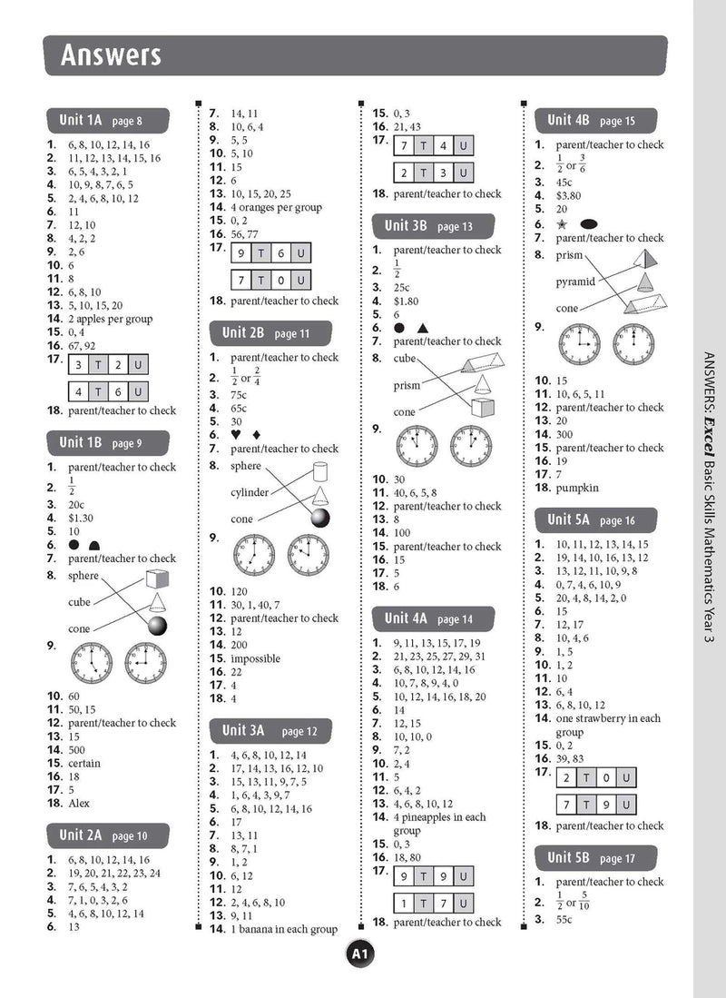 Sample inside page preview from the Excel Basic Skills Mathematics Year 3 workbook as shown in the publisher gallery