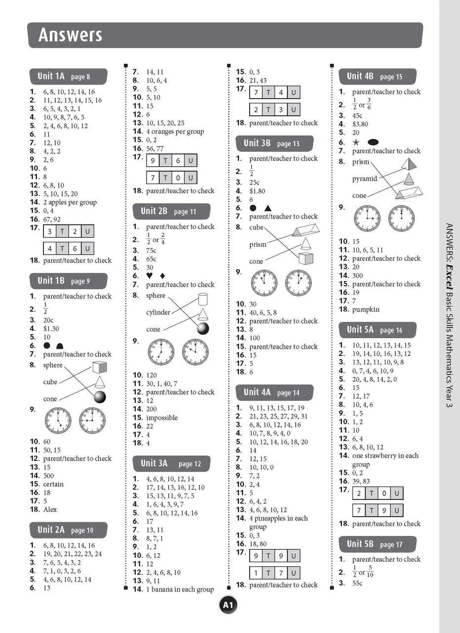 Sample inside page preview from the Excel Basic Skills Mathematics Year 3 workbook as shown in the publisher gallery