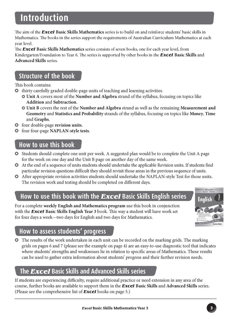 Sample inside page preview from the Excel Basic Skills Mathematics Year 3 workbook as shown in the publisher gallery