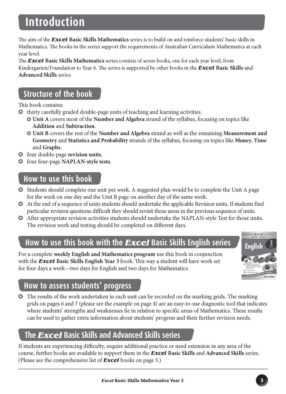 Sample inside page preview from the Excel Basic Skills Mathematics Year 3 workbook as shown in the publisher gallery