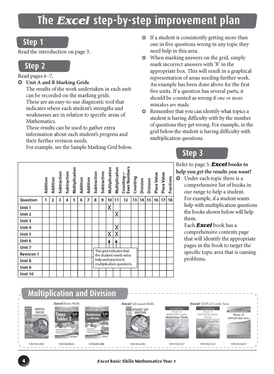 Sample inside page preview from the Excel Basic Skills Mathematics Year 3 workbook as shown in the publisher gallery