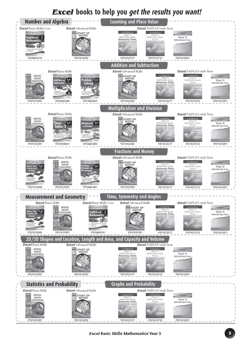 Sample inside page preview from the Excel Basic Skills Mathematics Year 3 workbook as shown in the publisher gallery