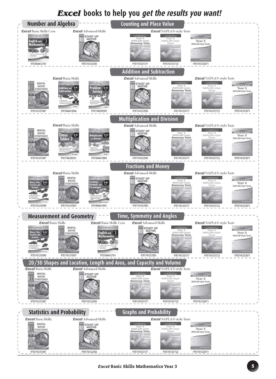 Sample inside page preview from the Excel Basic Skills Mathematics Year 3 workbook as shown in the publisher gallery