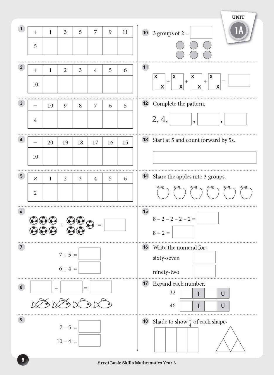 Sample inside page preview from the Excel Basic Skills Mathematics Year 3 workbook as shown in the publisher gallery