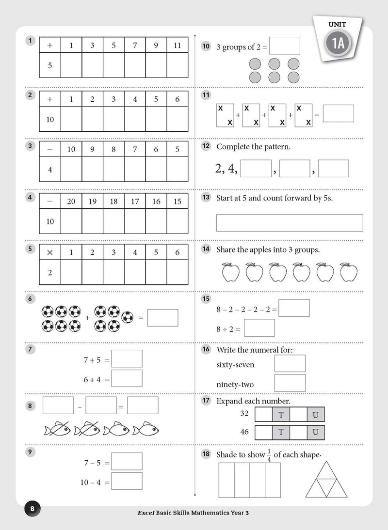 Sample inside page preview from the Excel Basic Skills Mathematics Year 3 workbook as shown in the publisher gallery