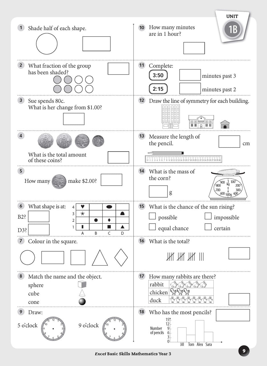 Sample inside page preview from the Excel Basic Skills Mathematics Year 3 workbook as shown in the publisher gallery