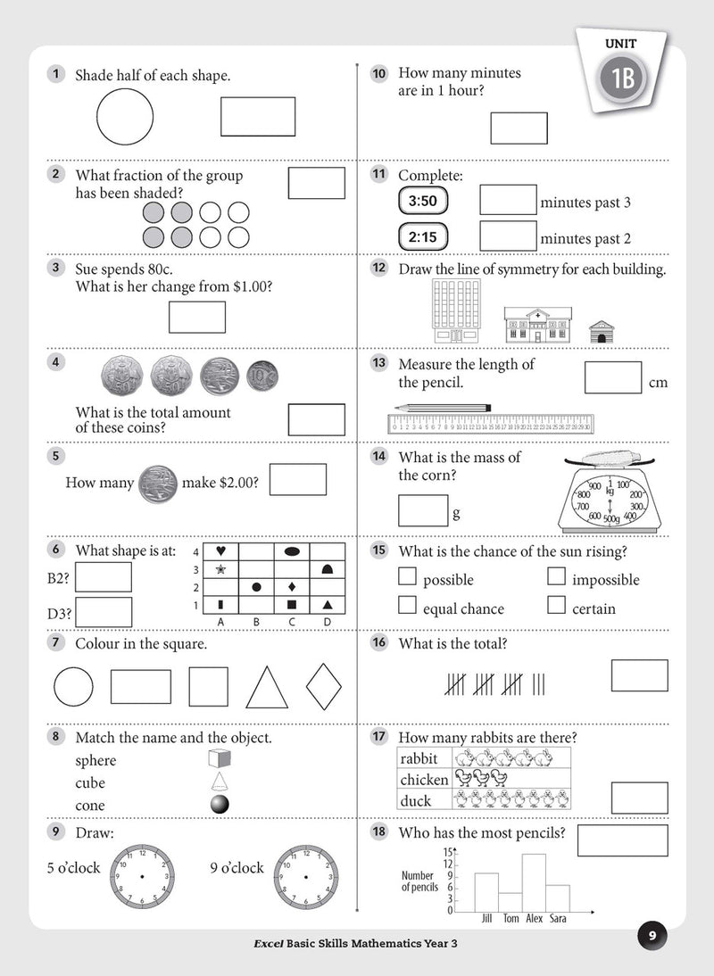 Sample inside page preview from the Excel Basic Skills Mathematics Year 3 workbook as shown in the publisher gallery