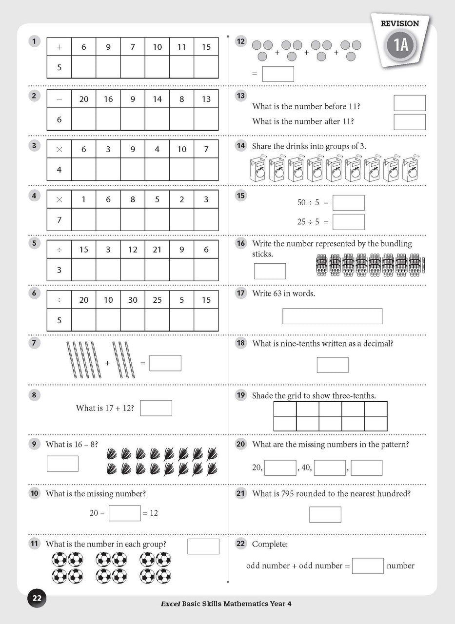 Sample inside page preview from the Excel Basic Skills Mathematics Year 4 workbook as shown in the publisher gallery