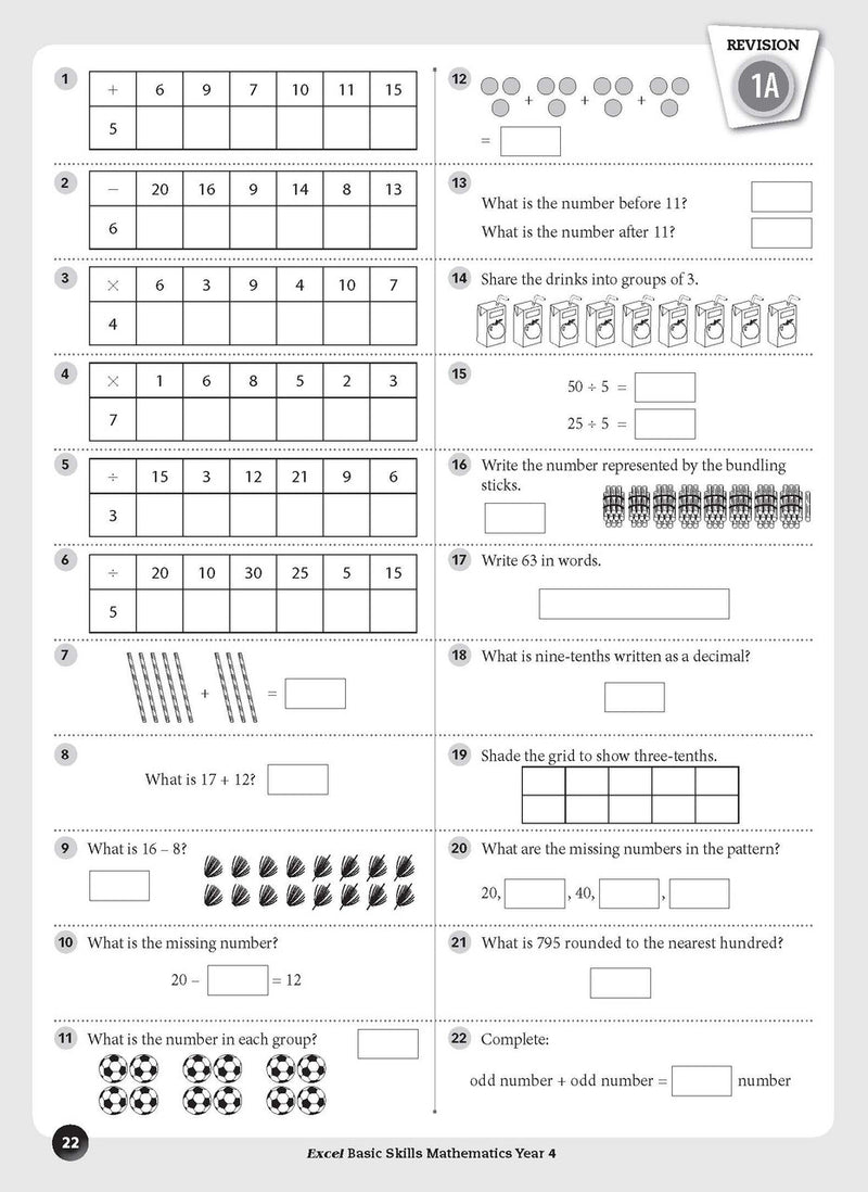 Sample inside page preview from the Excel Basic Skills Mathematics Year 4 workbook as shown in the publisher gallery