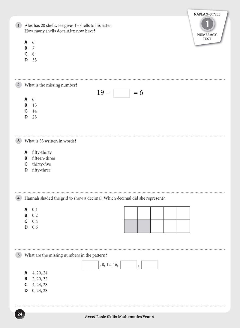 Sample inside page preview from the Excel Basic Skills Mathematics Year 4 workbook as shown in the publisher gallery