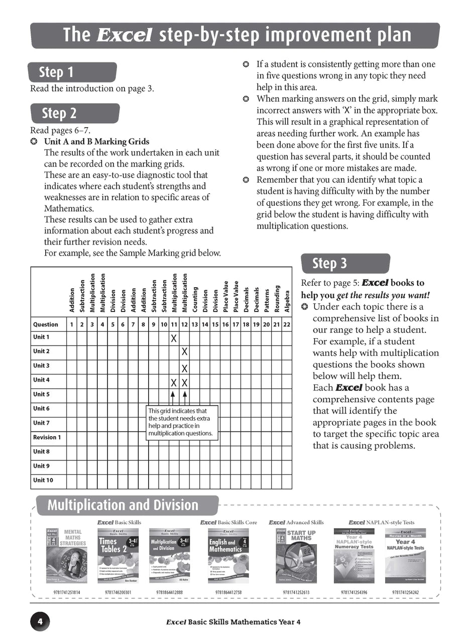 Sample inside page preview from the Excel Basic Skills Mathematics Year 4 workbook as shown in the publisher gallery