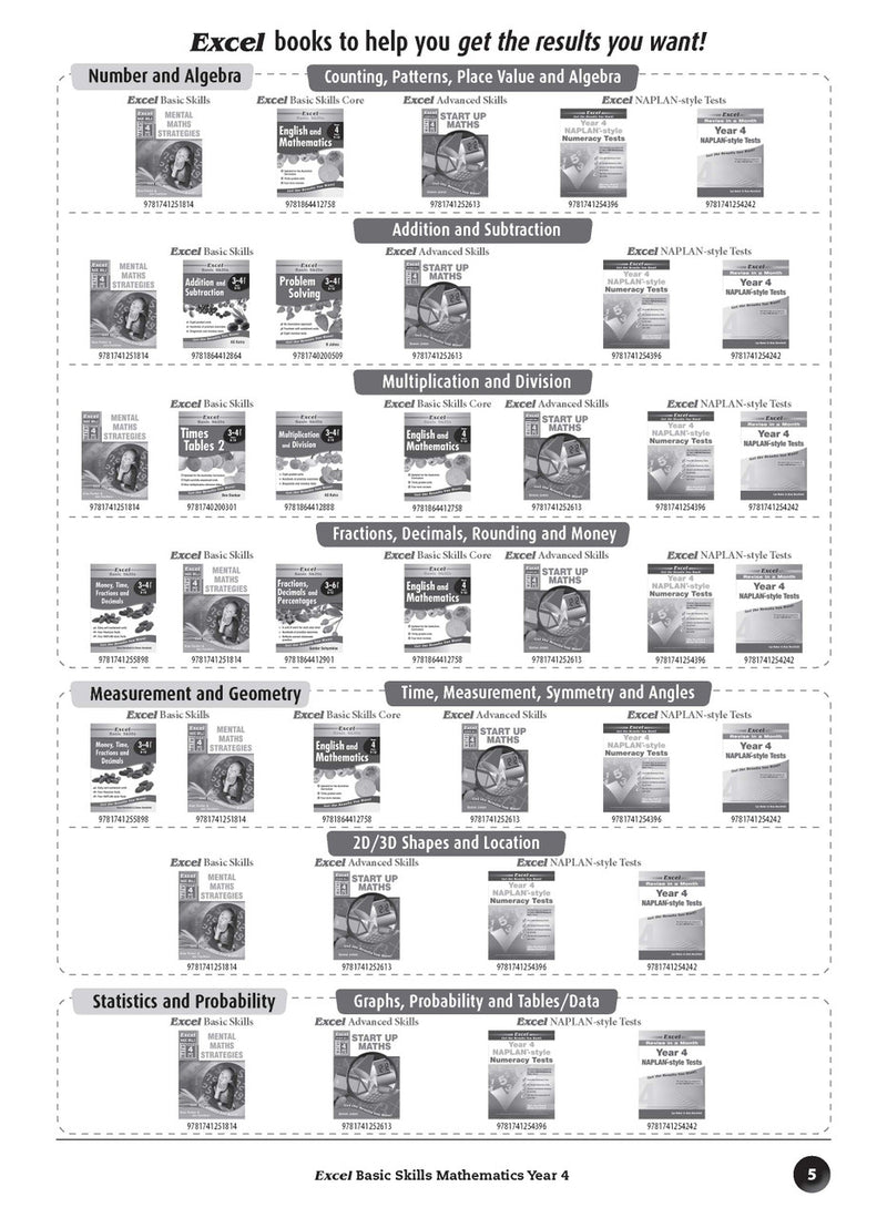 Sample inside page preview from the Excel Basic Skills Mathematics Year 4 workbook as shown in the publisher gallery