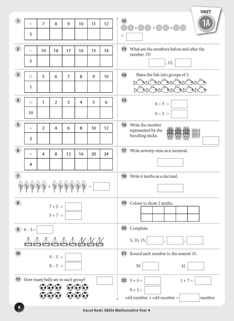 Sample inside page preview from the Excel Basic Skills Mathematics Year 4 workbook as shown in the publisher gallery