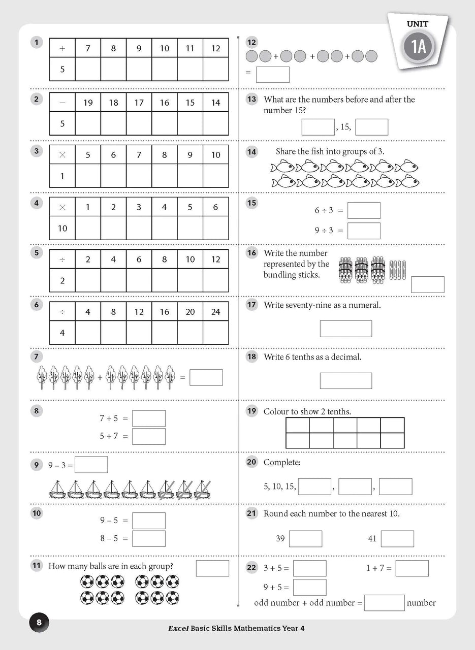 Sample inside page preview from the Excel Basic Skills Mathematics Year 4 workbook as shown in the publisher gallery