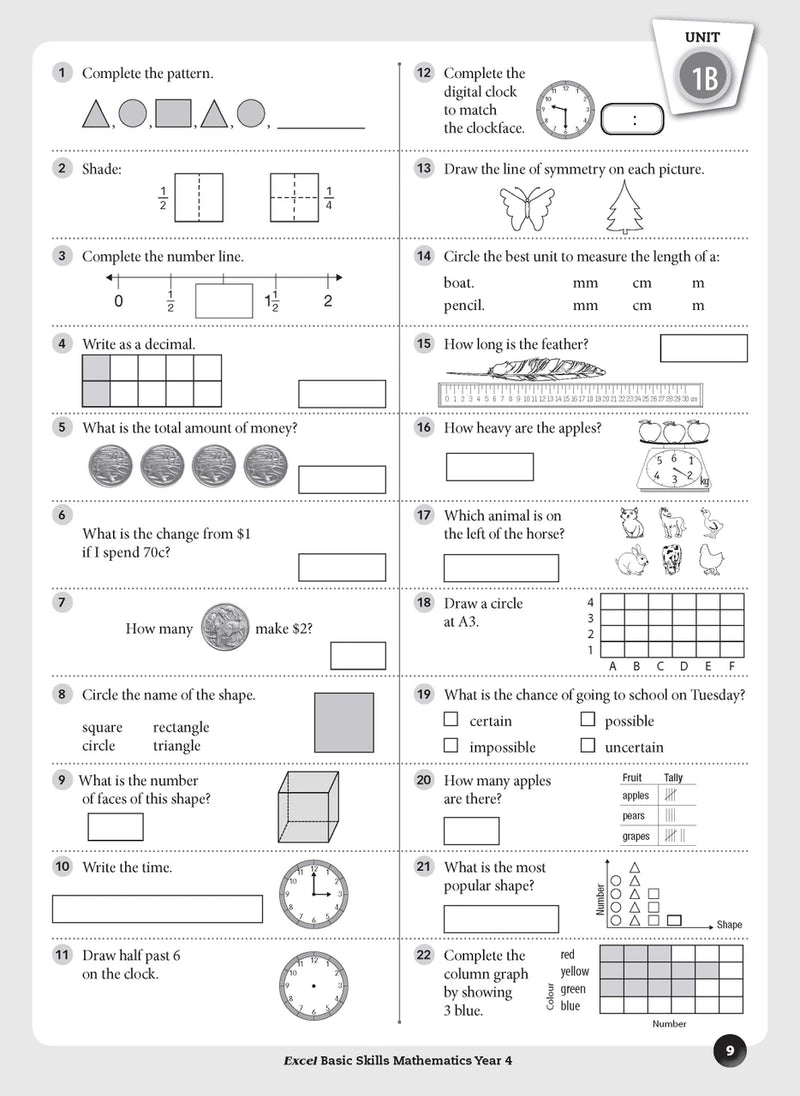 Sample inside page preview from the Excel Basic Skills Mathematics Year 4 workbook as shown in the publisher gallery