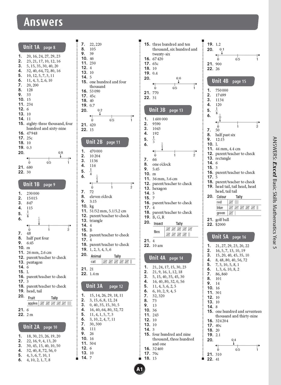 Preview of the first page of the lift-out answer section in the Excel Basic Skills Mathematics Year 5 workbook