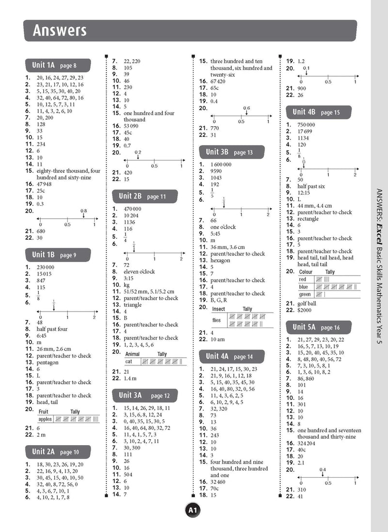 Preview of the first page of the lift-out answer section in the Excel Basic Skills Mathematics Year 5 workbook
