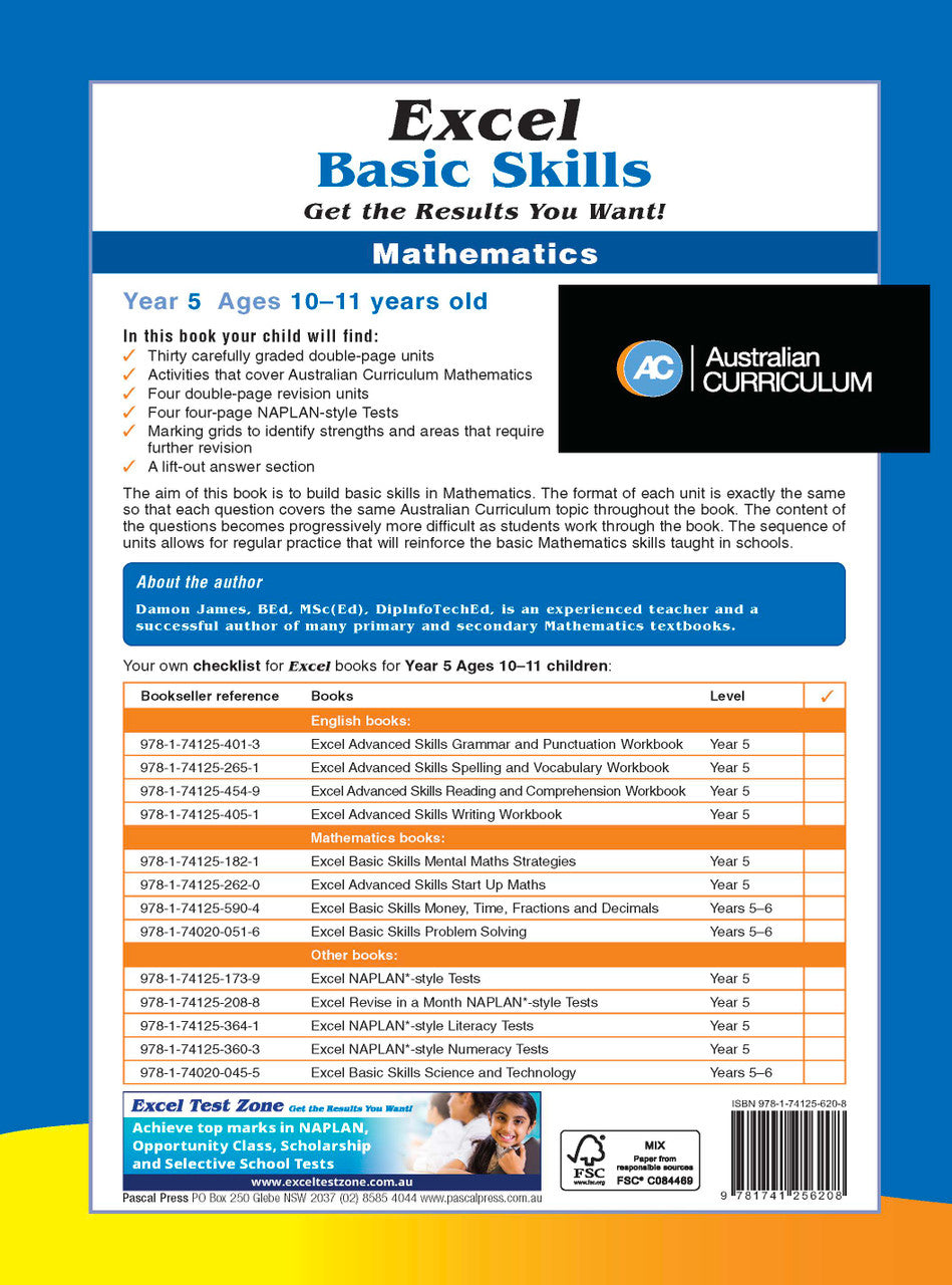 Back cover of the Excel Basic Skills Mathematics Year 5 workbook as shown in the publisher gallery