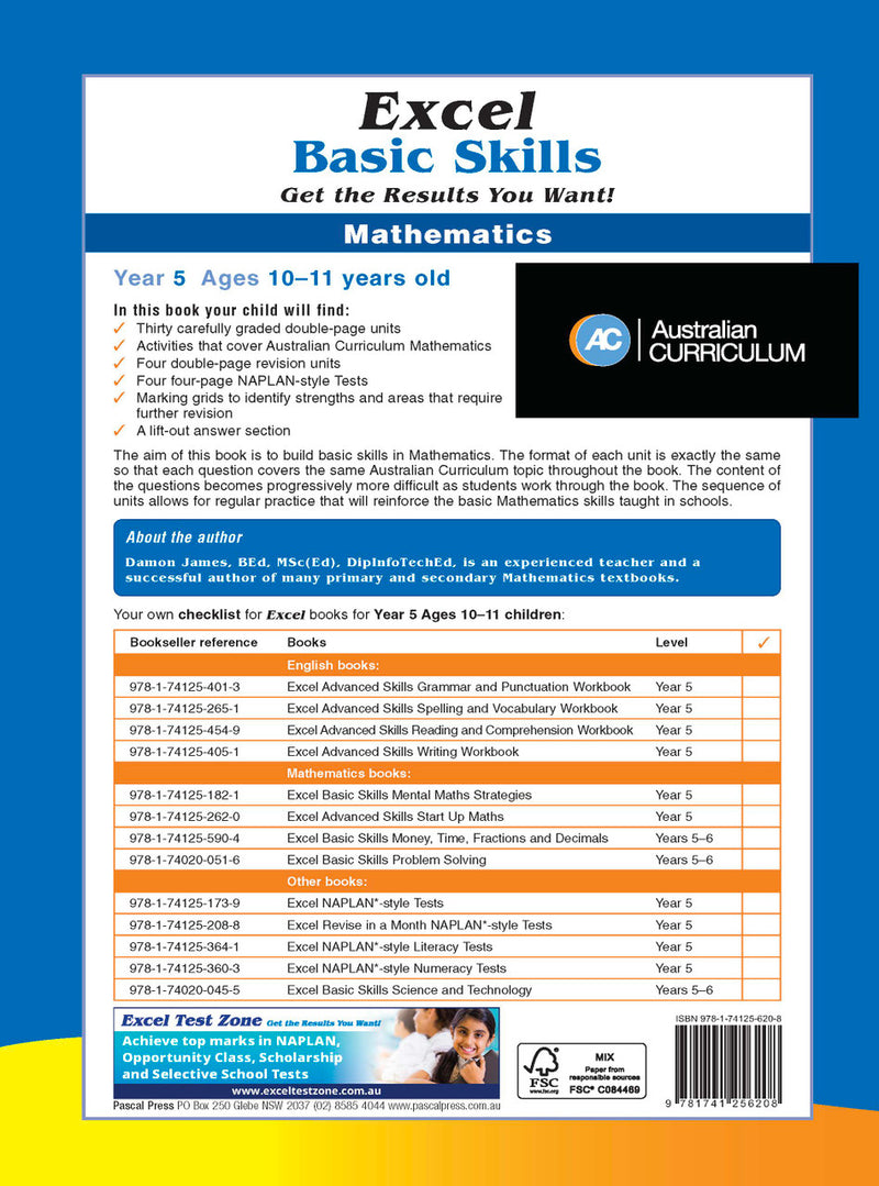 Back cover of the Excel Basic Skills Mathematics Year 5 workbook as shown in the publisher gallery