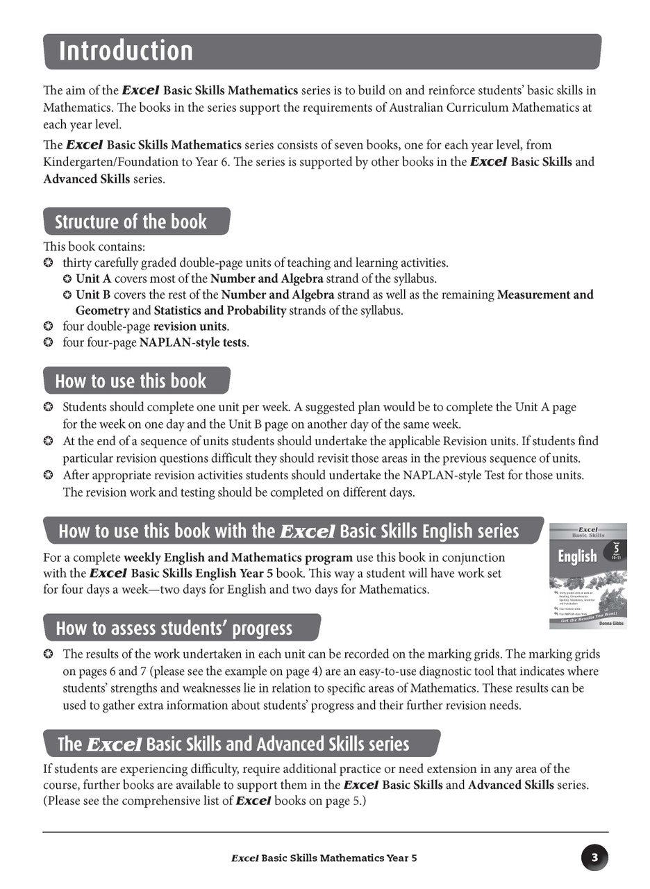 Sample inside page preview from the Excel Basic Skills Mathematics Year 5 workbook as shown in the publisher gallery