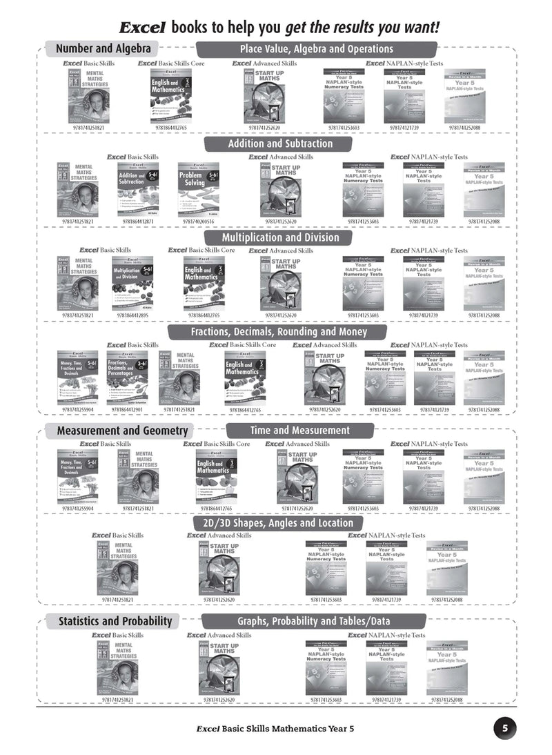 Sample inside page preview from the Excel Basic Skills Mathematics Year 5 workbook as shown in the publisher gallery
