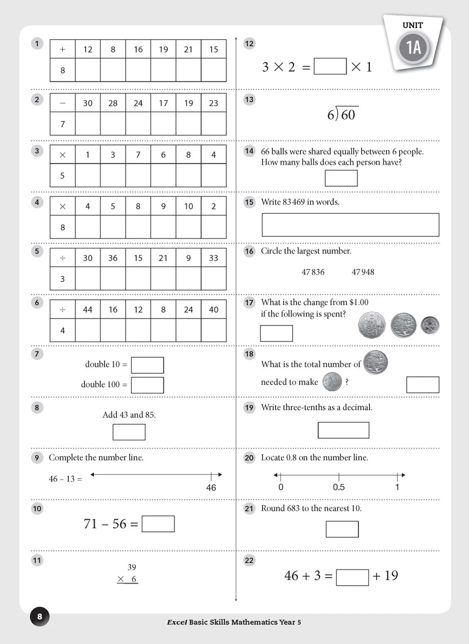 Sample inside page preview from the Excel Basic Skills Mathematics Year 5 workbook as shown in the publisher gallery