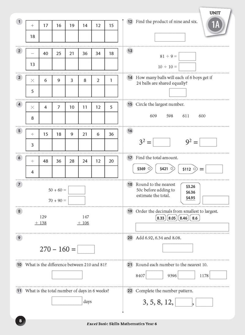 Sample inside page preview from the Excel Basic Skills Mathematics Year 6 workbook as shown in the publisher gallery