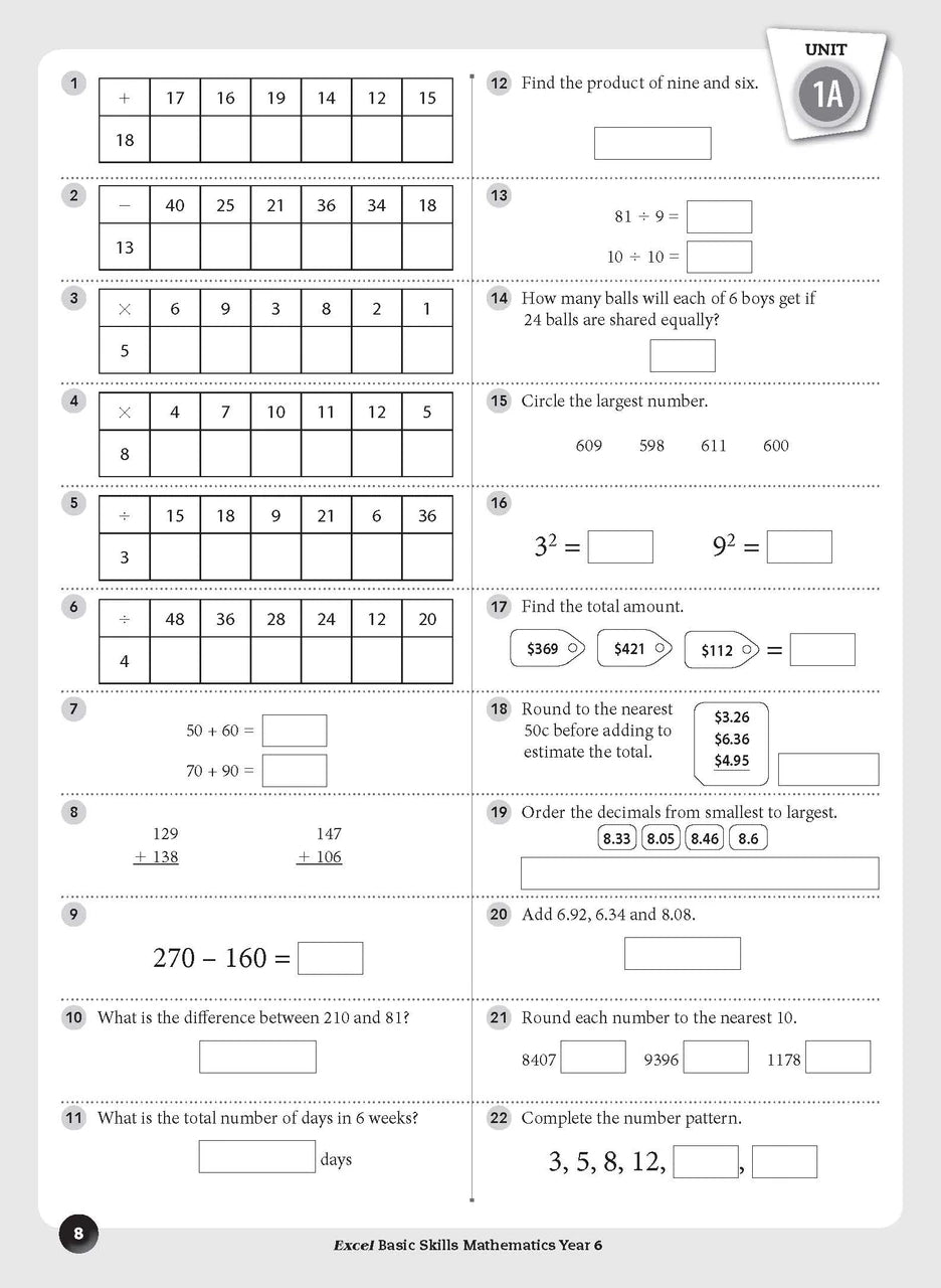 Sample inside page preview from the Excel Basic Skills Mathematics Year 6 workbook as shown in the publisher gallery