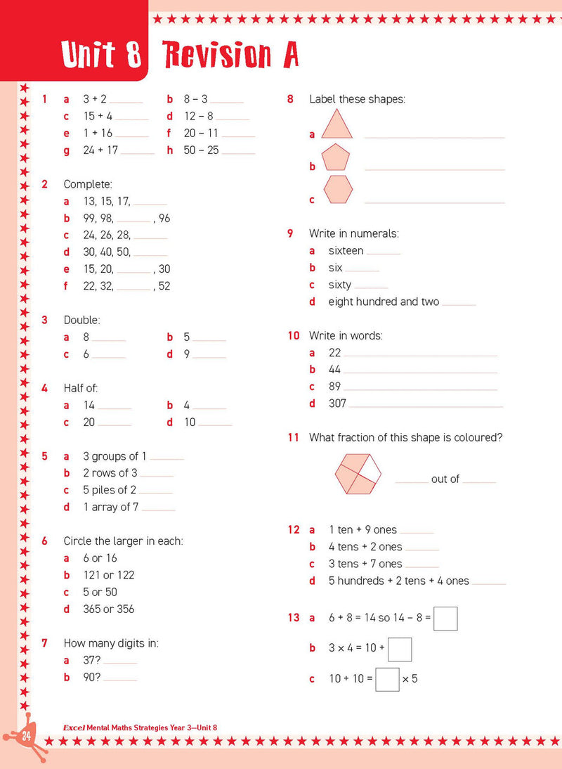 Preview of an inside spread from Excel Basic Skills Mental Maths Strategies Year 3, showing how the exercises are set out on the page