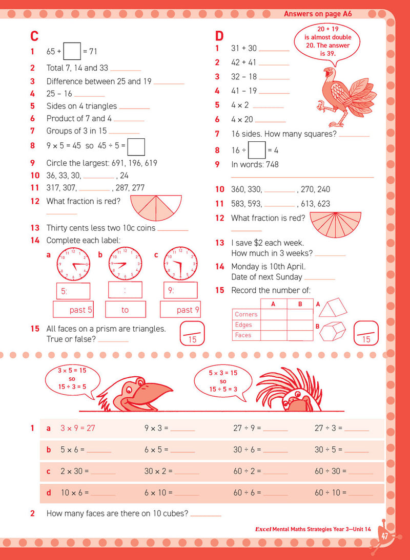 Inside page sample from Excel Basic Skills Mental Maths Strategies Year 3 giving a look at the practice questions and page design