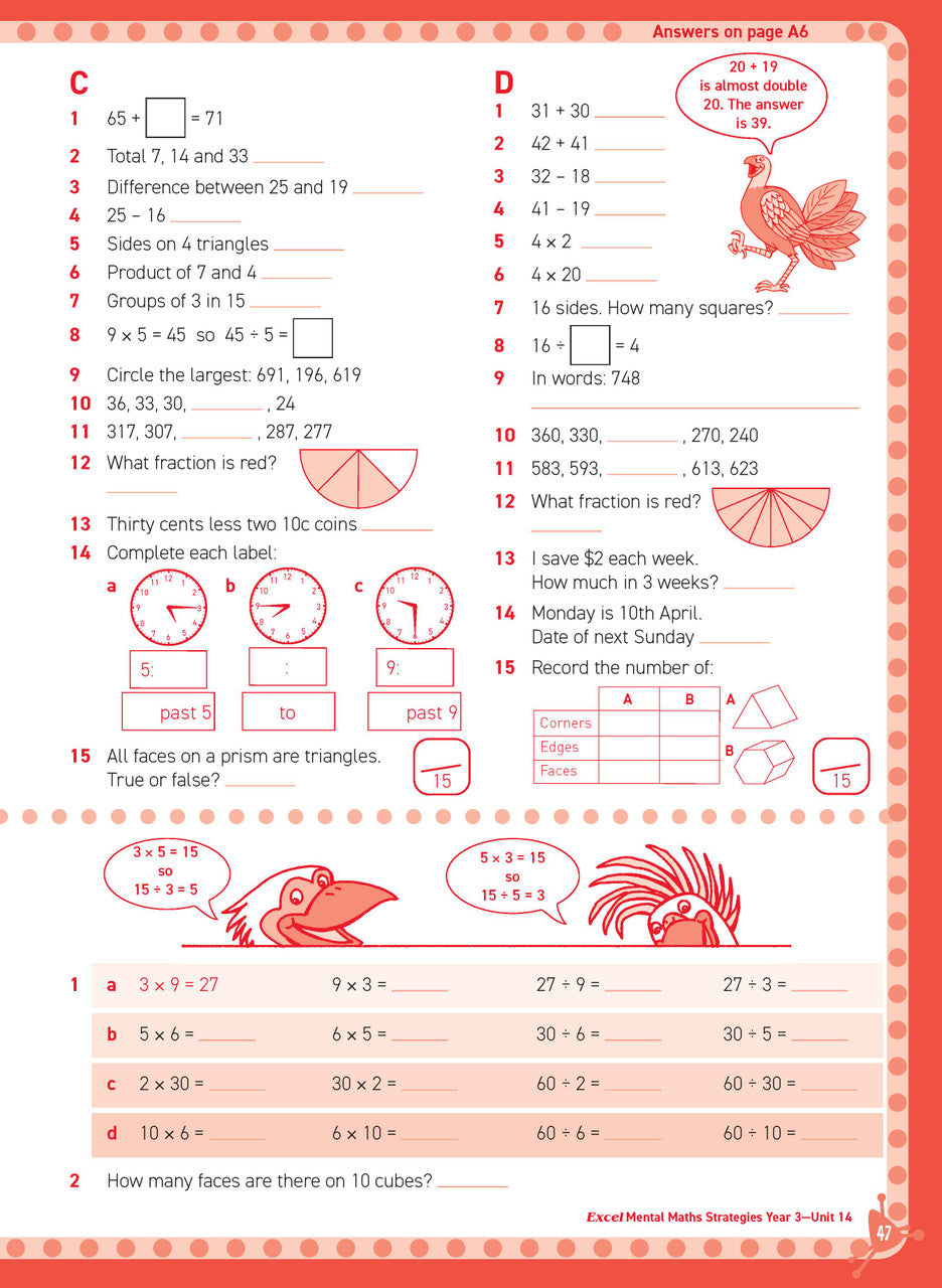 Inside page sample from Excel Basic Skills Mental Maths Strategies Year 3 giving a look at the practice questions and page design
