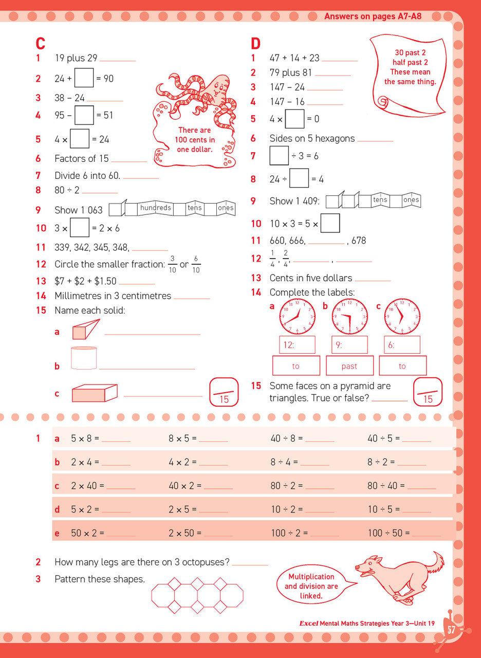 Preview of an inside spread from Excel Basic Skills Mental Maths Strategies Year 3, showing how the exercises are set out on the page