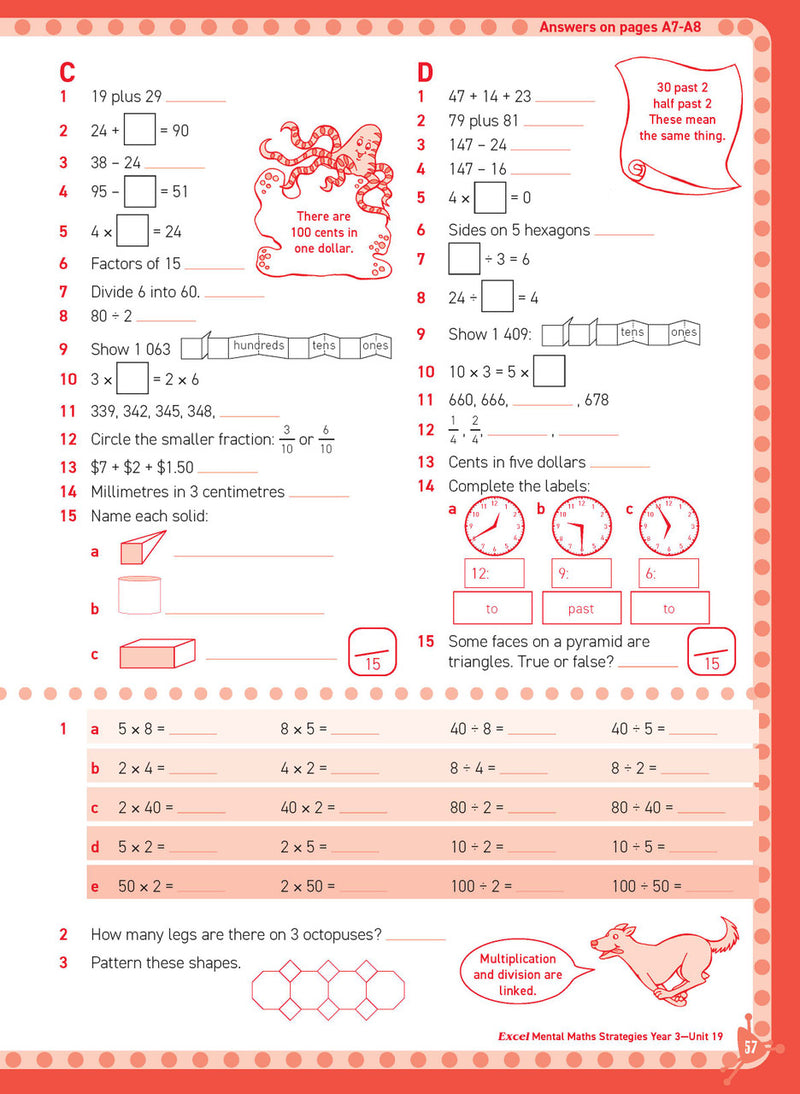 Preview of an inside spread from Excel Basic Skills Mental Maths Strategies Year 3, showing how the exercises are set out on the page