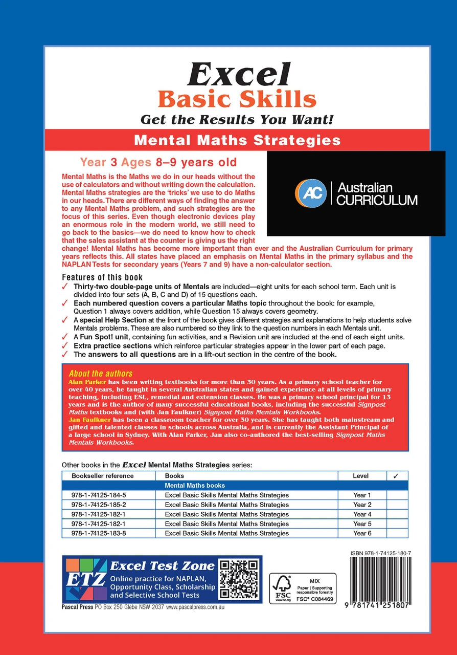 Back cover of Excel Basic Skills Mental Maths Strategies Year 3, showing the publisher's summary of the workbook and its series details