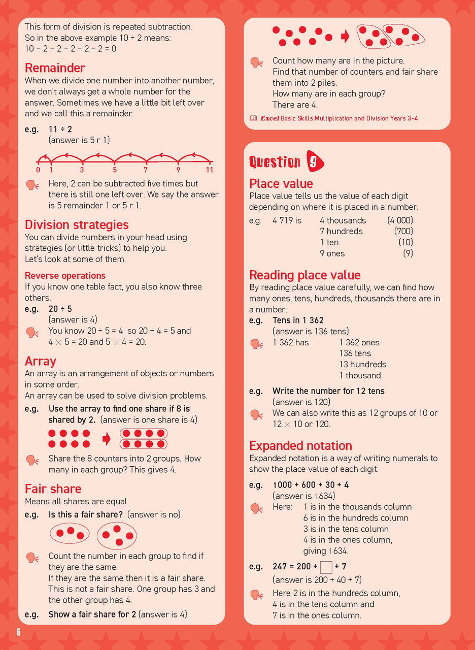 Preview of an inside spread from Excel Basic Skills Mental Maths Strategies Year 3, showing how the exercises are set out on the page