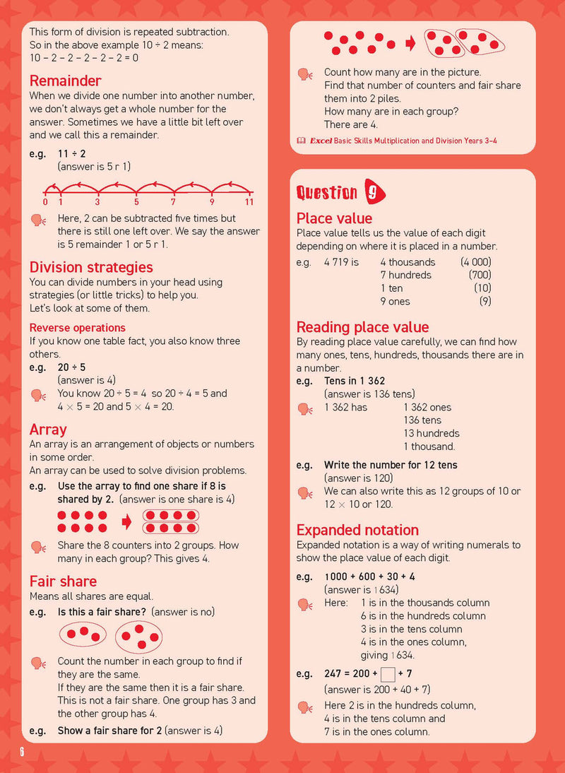 Preview of an inside spread from Excel Basic Skills Mental Maths Strategies Year 3, showing how the exercises are set out on the page