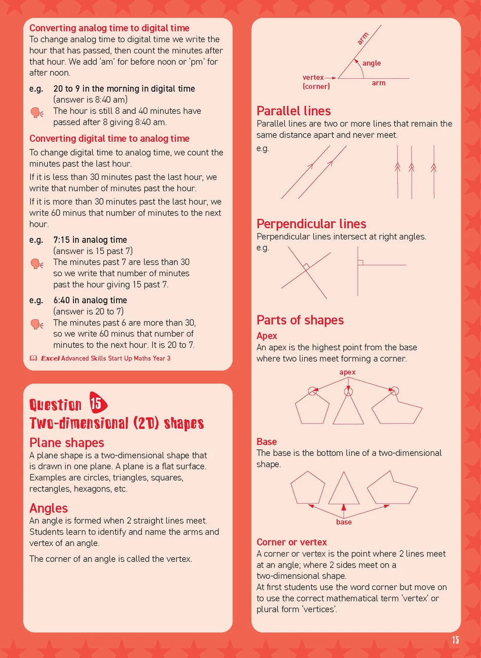 Preview of an inside spread from Excel Basic Skills Mental Maths Strategies Year 3, showing how the exercises are set out on the page