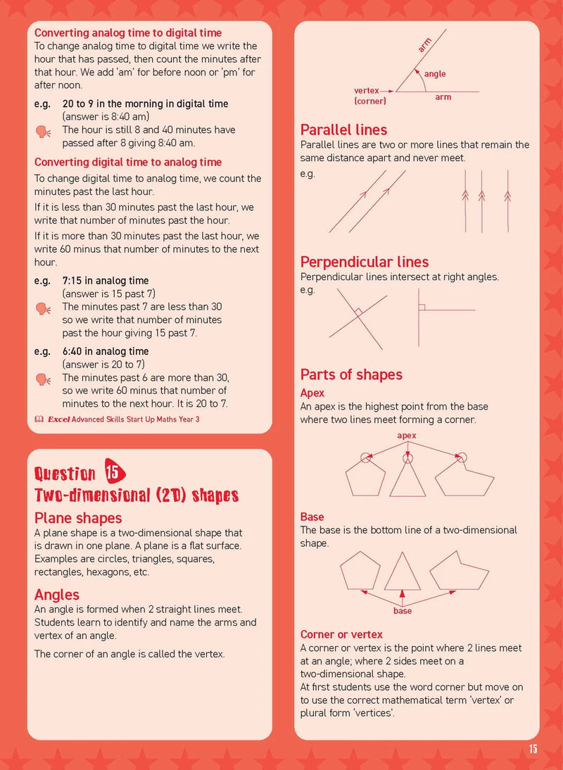 Preview of an inside spread from Excel Basic Skills Mental Maths Strategies Year 3, showing how the exercises are set out on the page