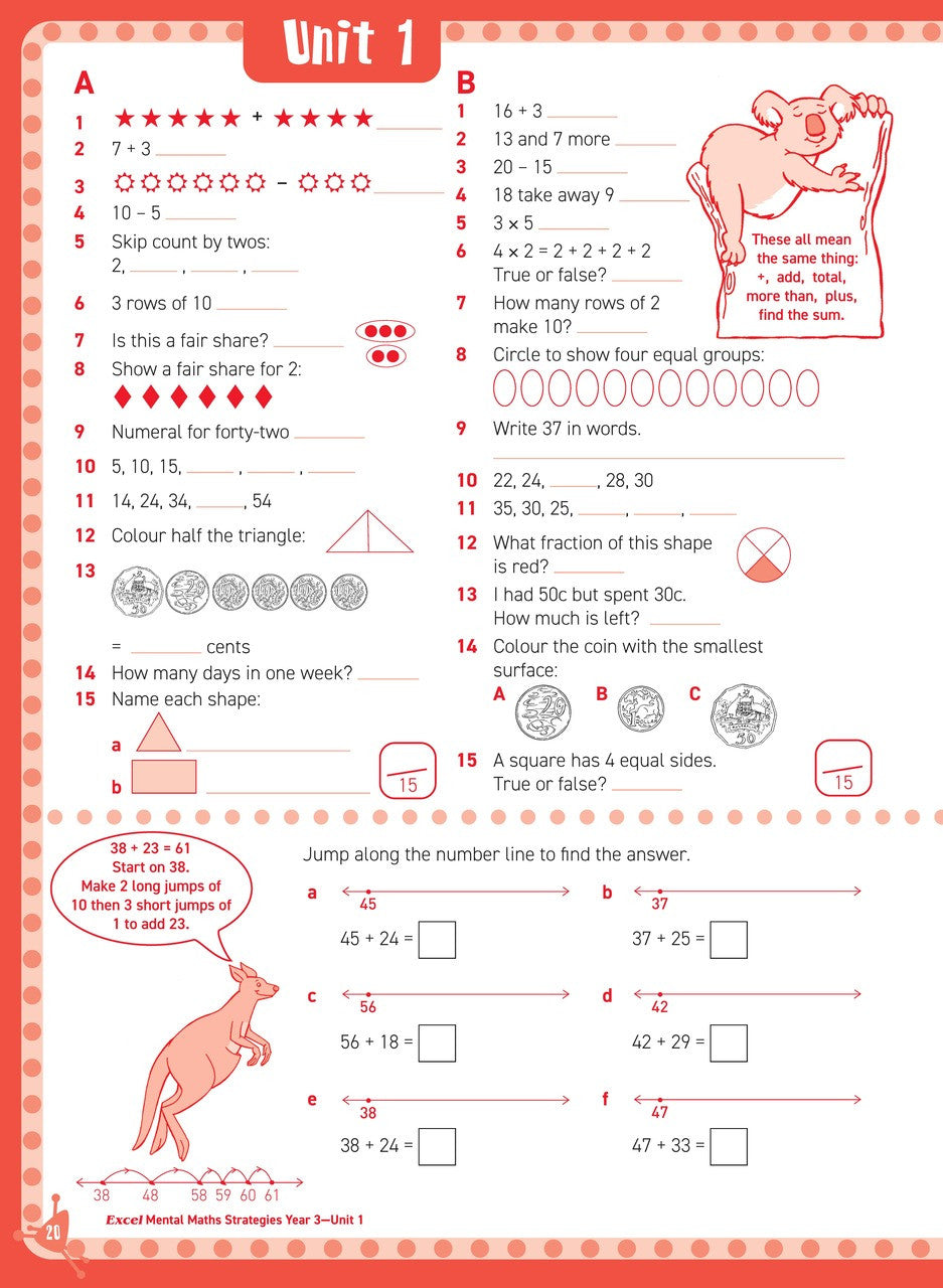 Inside page sample from Excel Basic Skills Mental Maths Strategies Year 3 giving a look at the practice questions and page design