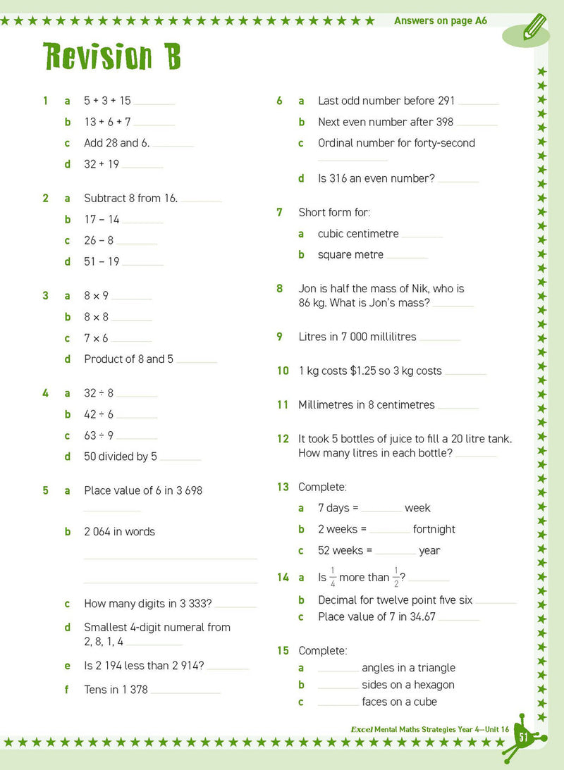 Preview of an inside spread from Excel Basic Skills Mental Maths Strategies Year 4, showing how the exercises are set out on the page