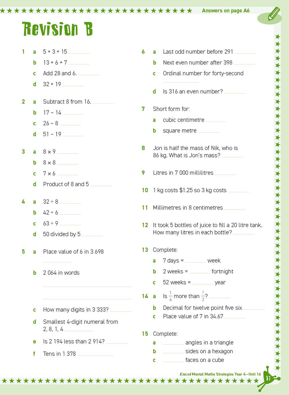 Preview of an inside spread from Excel Basic Skills Mental Maths Strategies Year 4, showing how the exercises are set out on the page