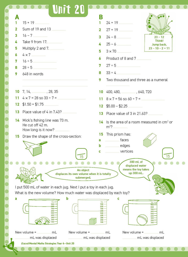Inside page sample from Excel Basic Skills Mental Maths Strategies Year 4 giving a look at the practice questions and page design