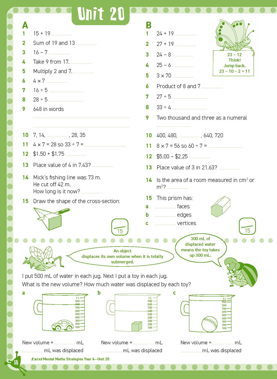 Inside page sample from Excel Basic Skills Mental Maths Strategies Year 4 giving a look at the practice questions and page design