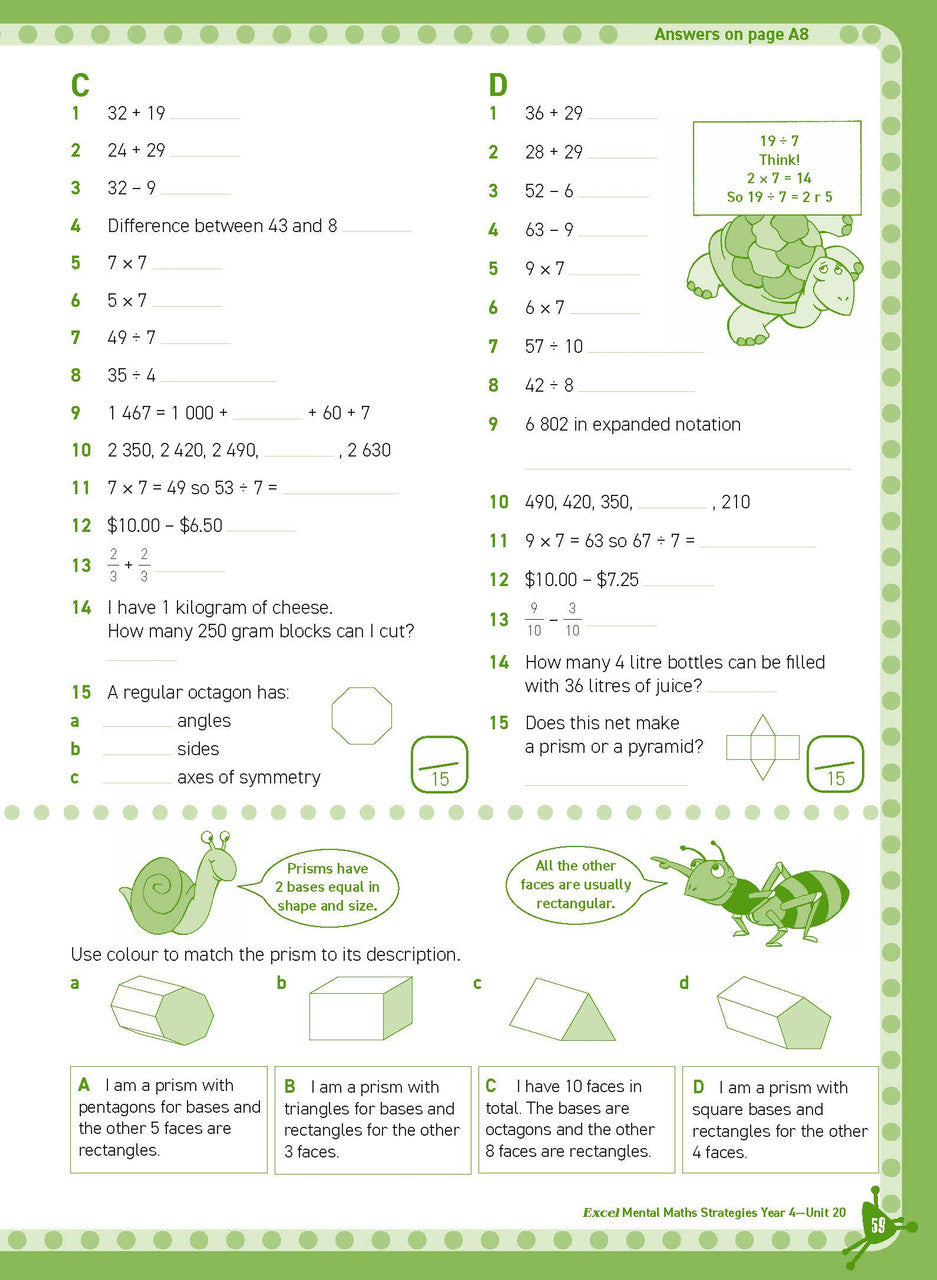 Sample inside page from Excel Basic Skills Mental Maths Strategies Year 4, previewing the workbook's layout and question style