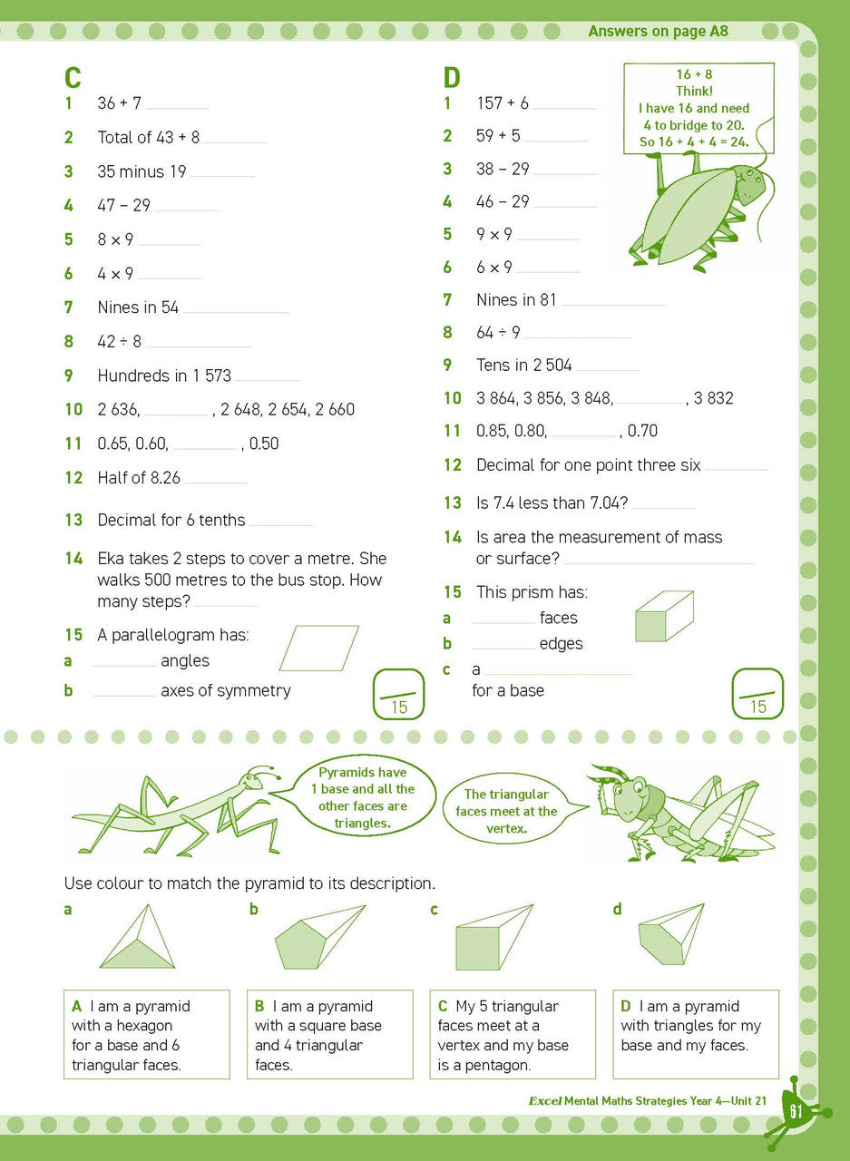 Preview of an inside spread from Excel Basic Skills Mental Maths Strategies Year 4, showing how the exercises are set out on the page
