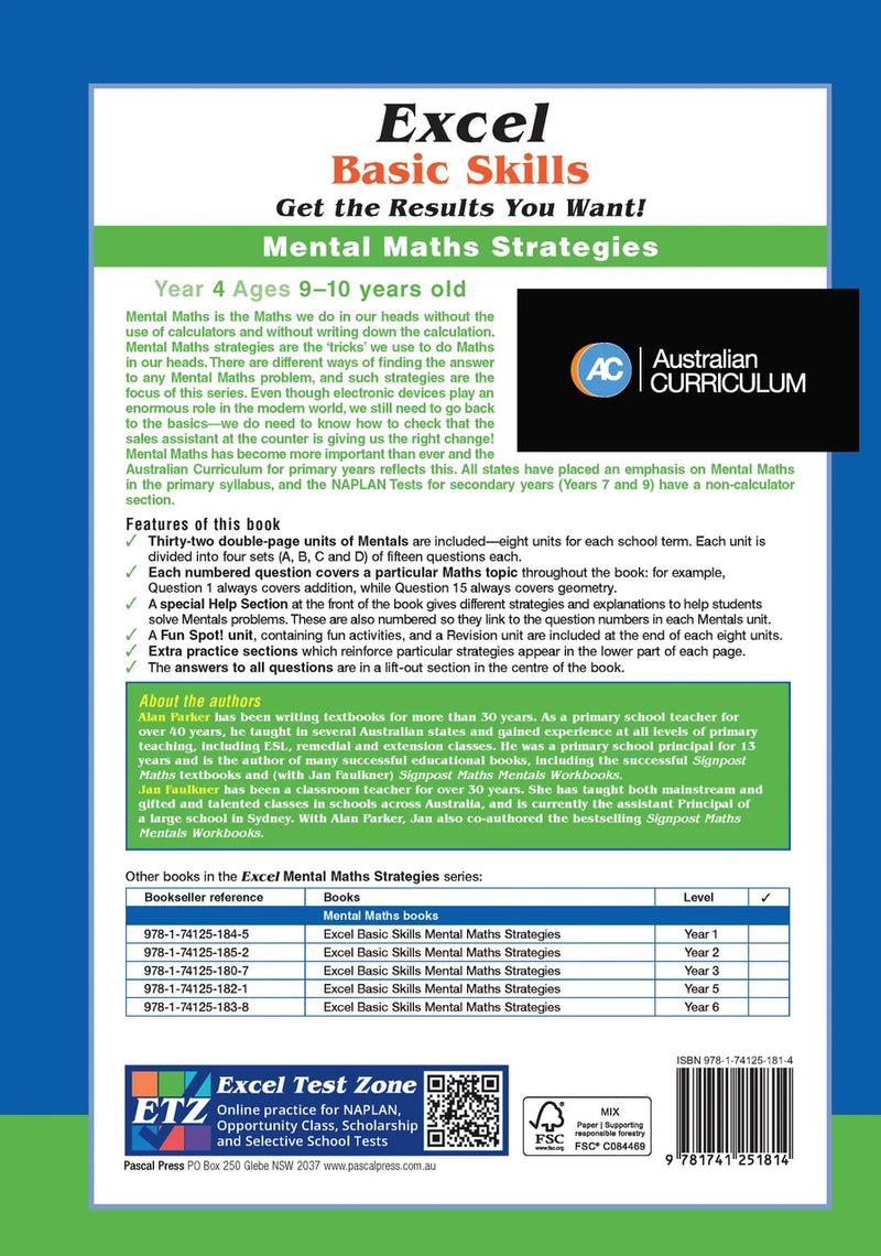 Back cover of Excel Basic Skills Mental Maths Strategies Year 4, showing the publisher's summary of the workbook and its series details