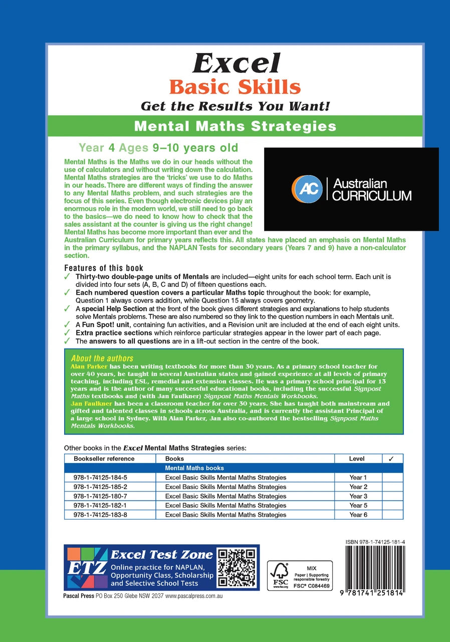 Back cover of Excel Basic Skills Mental Maths Strategies Year 4, showing the publisher's summary of the workbook and its series details